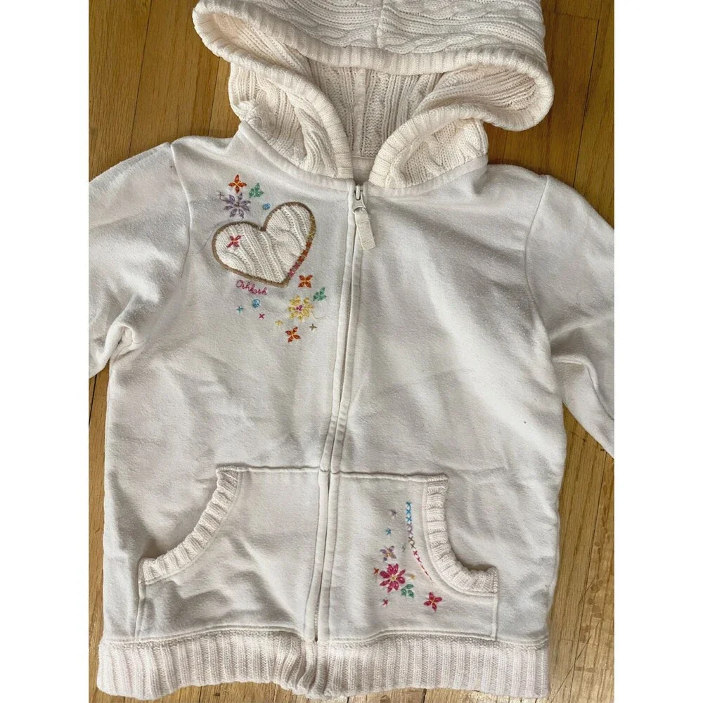 OshKosh B'gosh Girls 6X Hoodie White Zip Jacket Embroidered Floral Heart Cottage